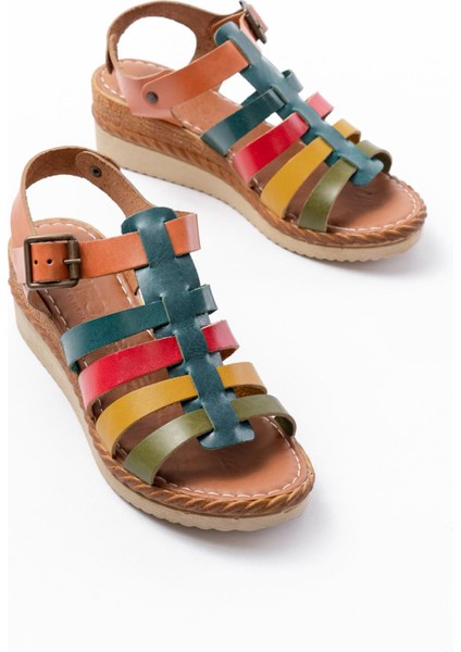 731-204 Multi Hakiki Deri Dolgu Topuklu Günlük Kadın Sandalet modelleri