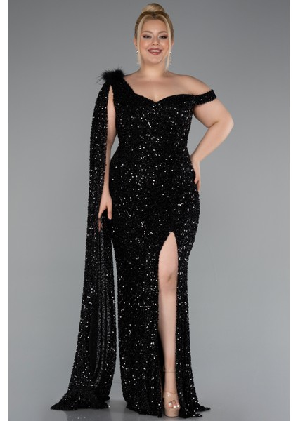 Tek Omuz Yırtmaçlı Uzun Pullu Büyük Beden Abiye ABU5151