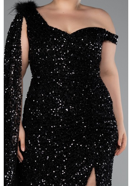 Tek Omuz Yırtmaçlı Uzun Pullu Büyük Beden Abiye ABU5151 modelleri