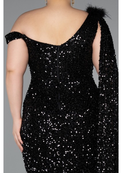 Tek Omuz Yırtmaçlı Uzun Pullu Büyük Beden Abiye ABU5151 fırsatları