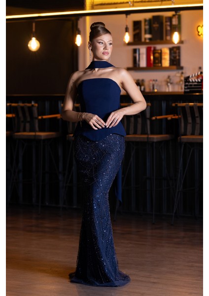 Straplez Peplum Detay Taşlı Uzun Balık Abiye ABU5131