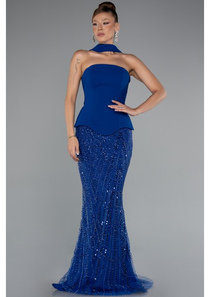 Straplez Peplum Detay Taşlı Uzun Balık Abiye ABU5131