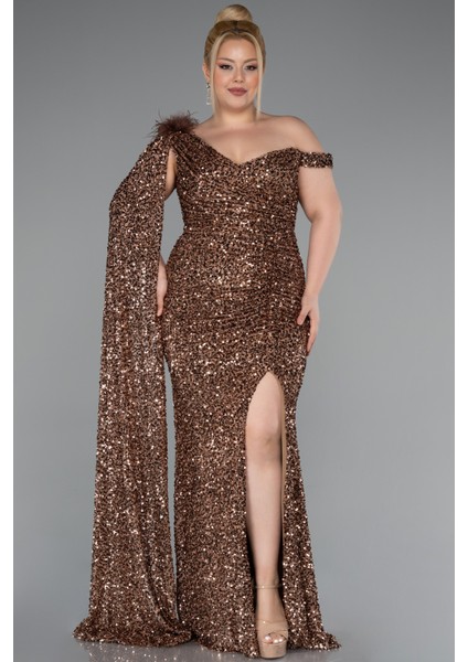 Tek Omuz Yırtmaçlı Uzun Pullu Büyük Beden Abiye ABU5151