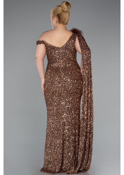 Tek Omuz Yırtmaçlı Uzun Pullu Büyük Beden Abiye ABU5151 fiyatları