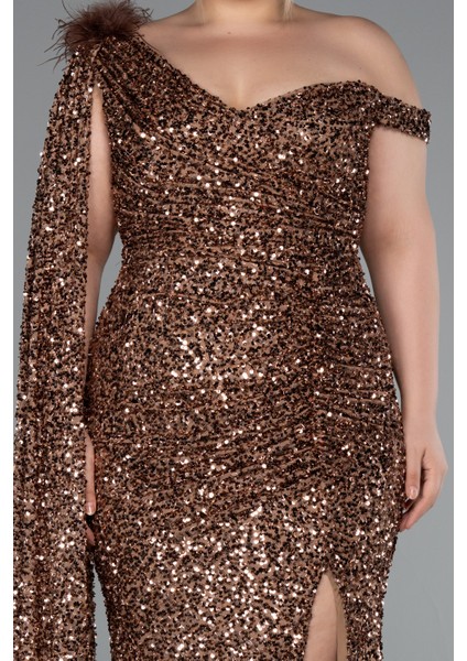 Tek Omuz Yırtmaçlı Uzun Pullu Büyük Beden Abiye ABU5151 modelleri