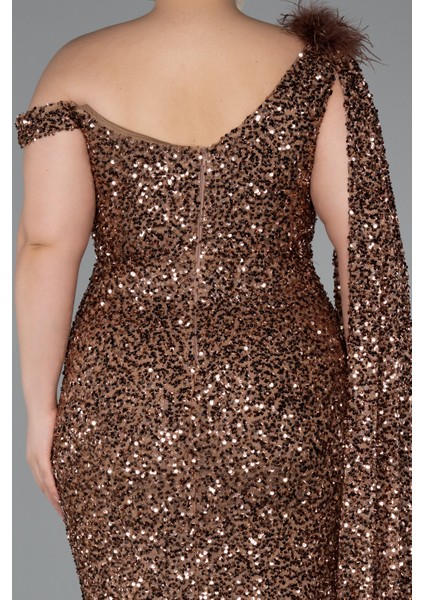 Tek Omuz Yırtmaçlı Uzun Pullu Büyük Beden Abiye ABU5151 fırsatları