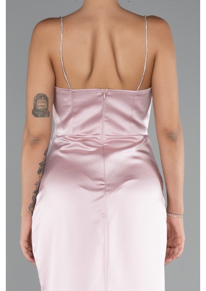 Bacak Dekolteli Göğüs Drapeli Uzun Saten Abiye ABU5149 fırsatları