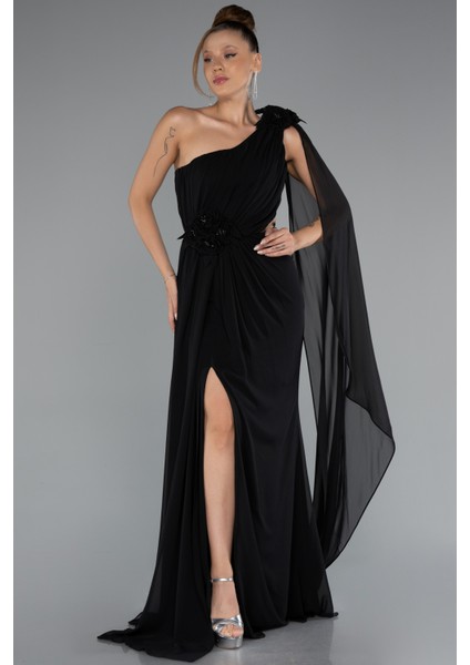 Şallı Tek Omuz Yırtmaçlı Uzun Şifon Abiye ABU5144