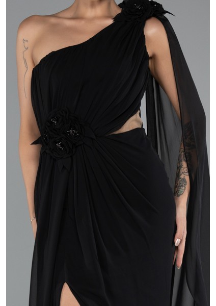 Şallı Tek Omuz Yırtmaçlı Uzun Şifon Abiye ABU5144 modelleri