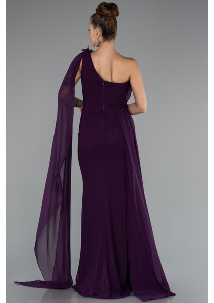 Şallı Tek Omuz Yırtmaçlı Uzun Şifon Abiye ABU5144 fiyatları