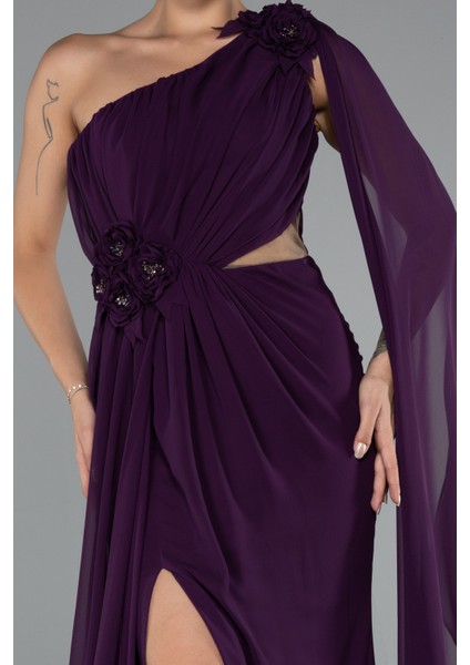 Şallı Tek Omuz Yırtmaçlı Uzun Şifon Abiye ABU5144 modelleri