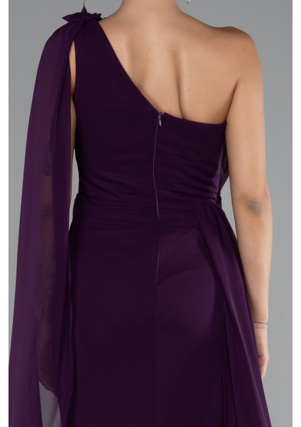 Şallı Tek Omuz Yırtmaçlı Uzun Şifon Abiye ABU5144 fırsatları