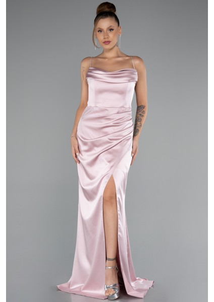 Bacak Dekolteli Göğüs Drapeli Uzun Saten Abiye ABU5149