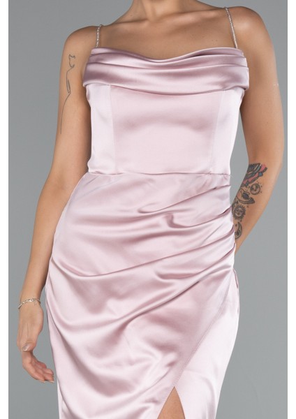 Bacak Dekolteli Göğüs Drapeli Uzun Saten Abiye ABU5149 modelleri