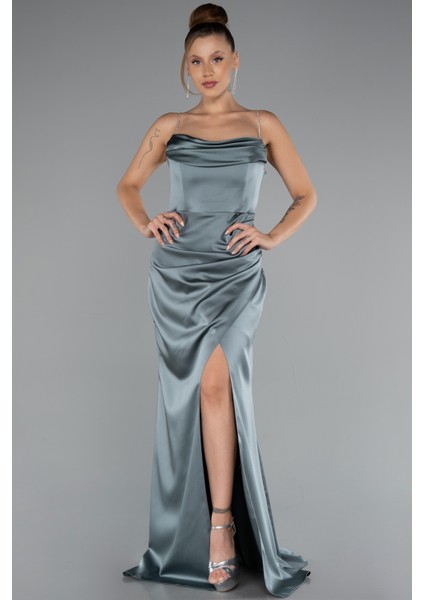 Bacak Dekolteli Göğüs Drapeli Uzun Saten Abiye ABU5149