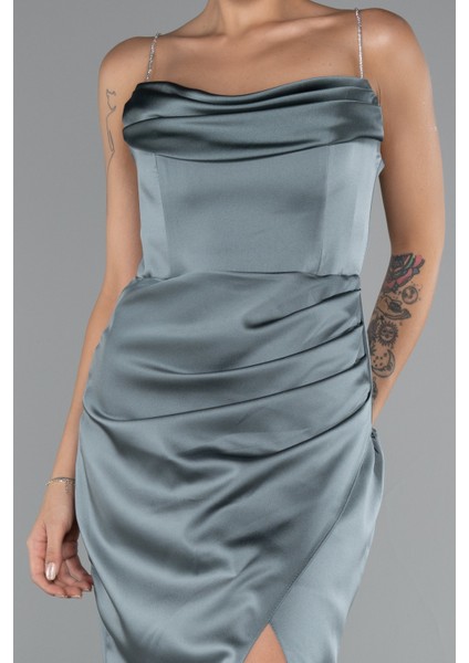 Bacak Dekolteli Göğüs Drapeli Uzun Saten Abiye ABU5149 modelleri