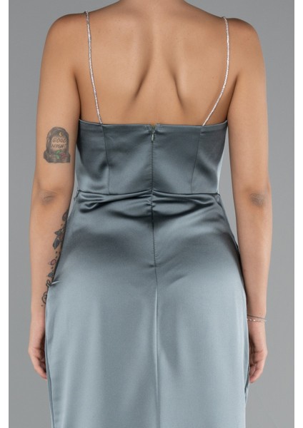 Bacak Dekolteli Göğüs Drapeli Uzun Saten Abiye ABU5149 fırsatları