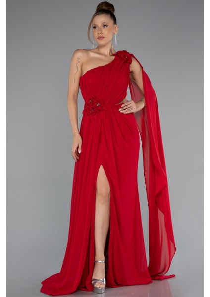 Şallı Tek Omuz Yırtmaçlı Uzun Şifon Abiye ABU5144