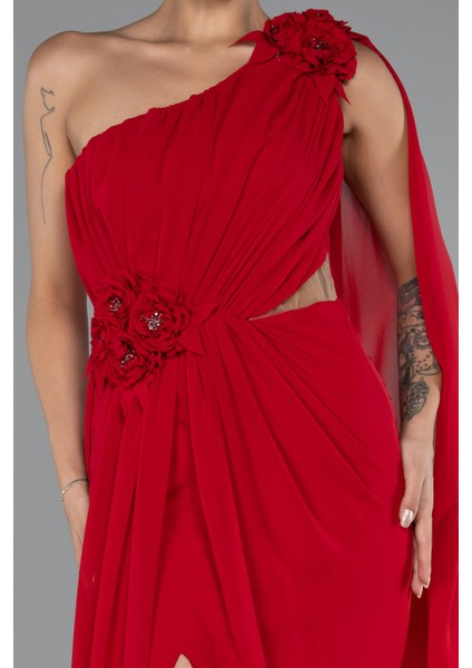 Şallı Tek Omuz Yırtmaçlı Uzun Şifon Abiye ABU5144 modelleri