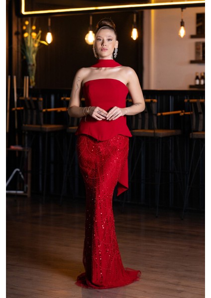 Straplez Peplum Detay Taşlı Uzun Balık Abiye ABU5131