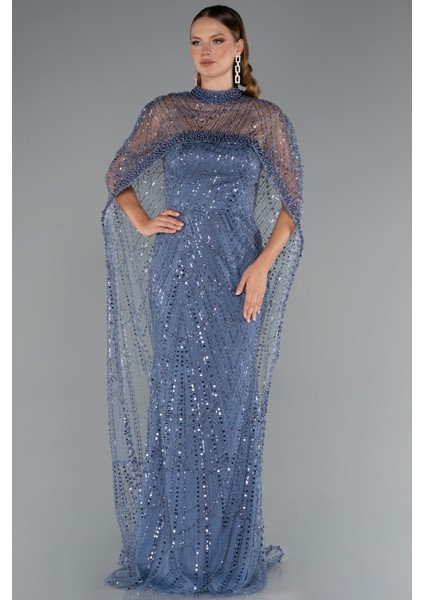 Straplez Uzun Şal Detay Boncuklu Abiye ABU5141