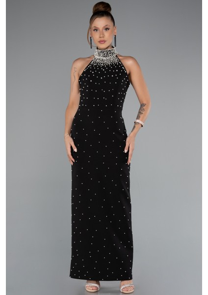 Halter Yaka Boncuklu Midi Davet Elbisesi ABK2399