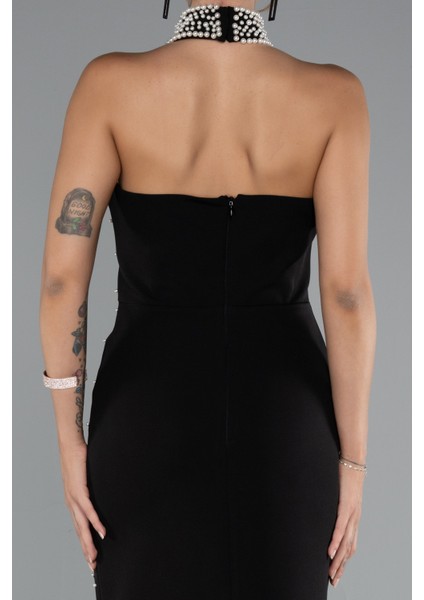 Halter Yaka Boncuklu Midi Davet Elbisesi ABK2399 fırsatları