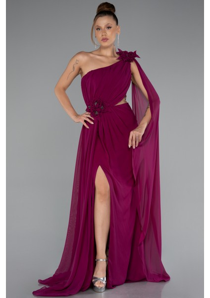 Şallı Tek Omuz Yırtmaçlı Uzun Şifon Abiye ABU5144