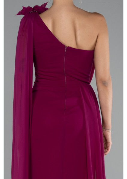 Şallı Tek Omuz Yırtmaçlı Uzun Şifon Abiye ABU5144 fırsatları