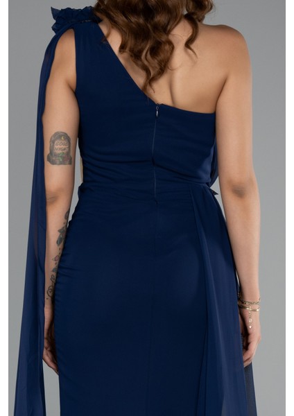 Şallı Tek Omuz Yırtmaçlı Uzun Şifon Abiye ABU5144 fırsatları