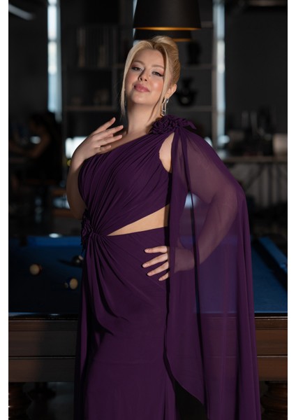 Tek Omuz Yırtmaçlı Uzun Şifon Büyük Beden Abiye ABU5145