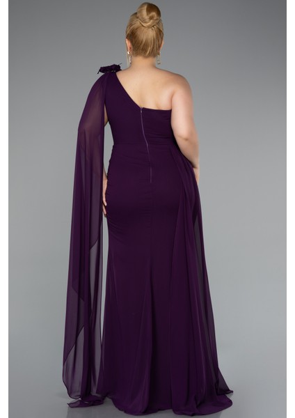 Tek Omuz Yırtmaçlı Uzun Şifon Büyük Beden Abiye ABU5145 modelleri