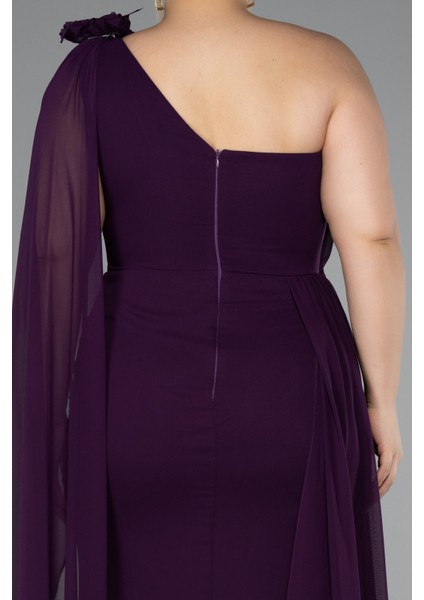 Tek Omuz Yırtmaçlı Uzun Şifon Büyük Beden Abiye ABU5145 indirimleri