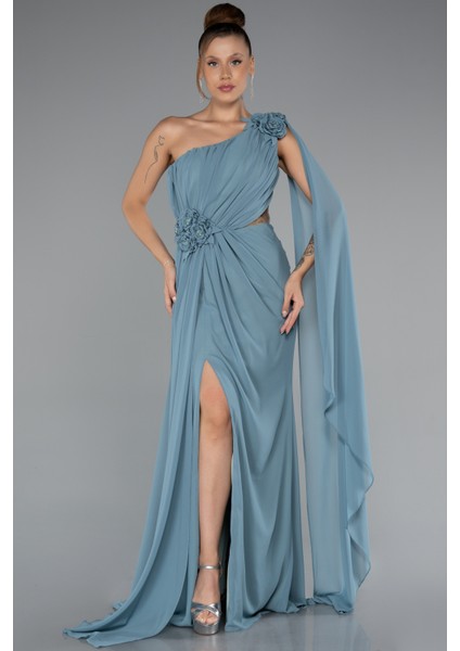 Şallı Tek Omuz Yırtmaçlı Uzun Şifon Abiye ABU5144