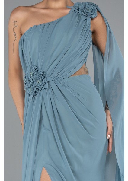 Şallı Tek Omuz Yırtmaçlı Uzun Şifon Abiye ABU5144 modelleri