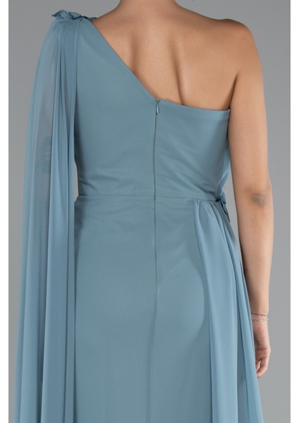 Şallı Tek Omuz Yırtmaçlı Uzun Şifon Abiye ABU5144 fırsatları