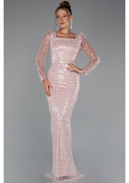 Uzun Kol Kare Yaka Boncuklu Abiye Elbisesi ABU5165