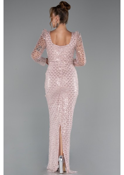 Uzun Kol Kare Yaka Boncuklu Abiye Elbisesi ABU5165 fiyatları