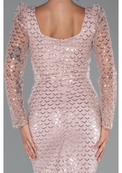 Uzun Kol Kare Yaka Boncuklu Abiye Elbisesi ABU5165 fırsatları