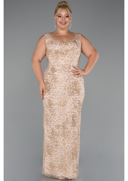 Kolsuz V Yaka Taşlı Uzun Büyük Beden Abiye ABU5190