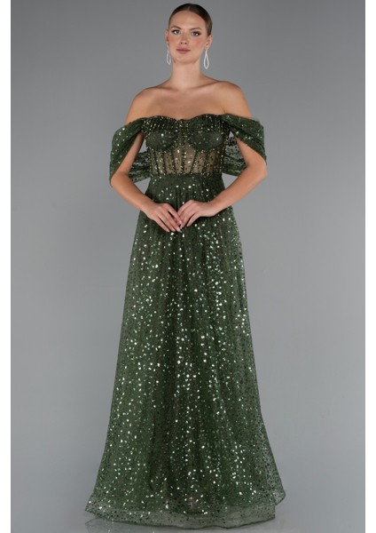 Kayık Yaka Saten Peplum Kesim Uzun Şifon Abiye ABU5226