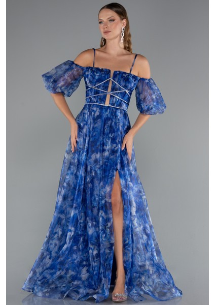 Bacak Dekolteli Balon Kol Uzun Desenli Abiye ABU5221