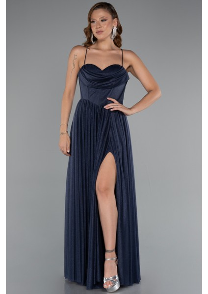 Bacak Dekolteli Balenli Uzun Simli Abiye Elbise ABU5175