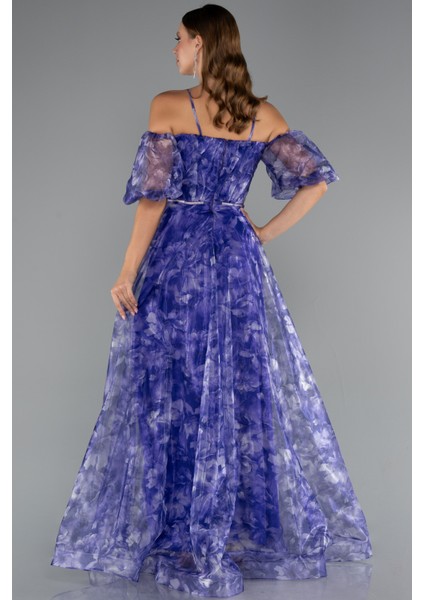 Bacak Dekolteli Balon Kol Uzun Desenli Abiye ABU5221 fiyatları