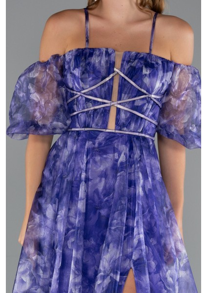 Bacak Dekolteli Balon Kol Uzun Desenli Abiye ABU5221 modelleri