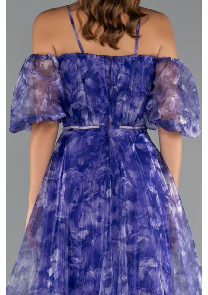 Bacak Dekolteli Balon Kol Uzun Desenli Abiye ABU5221 fırsatları