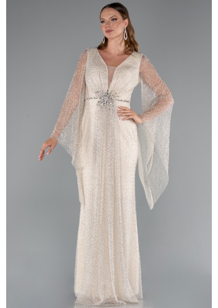 Simli Uzun Kol Beli Taşlı Özel Tasarım Abiye ABU5230