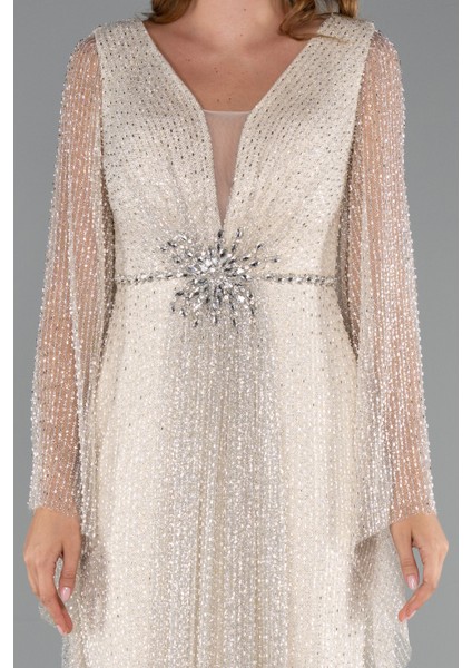 Simli Uzun Kol Beli Taşlı Özel Tasarım Abiye ABU5230 modelleri