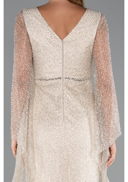 Simli Uzun Kol Beli Taşlı Özel Tasarım Abiye ABU5230 fırsatları