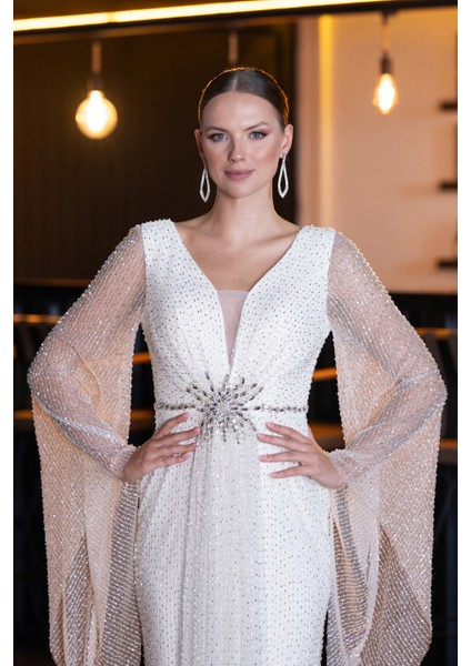 Simli Uzun Kol Beli Taşlı Özel Tasarım Abiye ABU5230